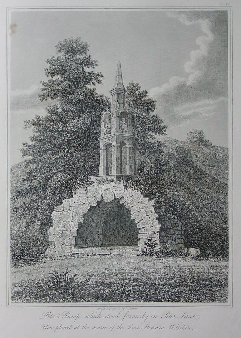 Etching - Peter's Pump, which stood formerly in Peter Street. Now placed at the source of the River Stour in Wiltshire - Skelton